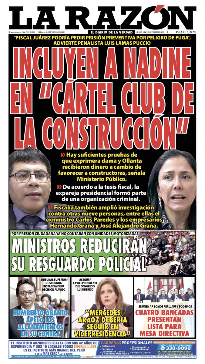 Portada impresa – Diario La Razón (20/02/2020)