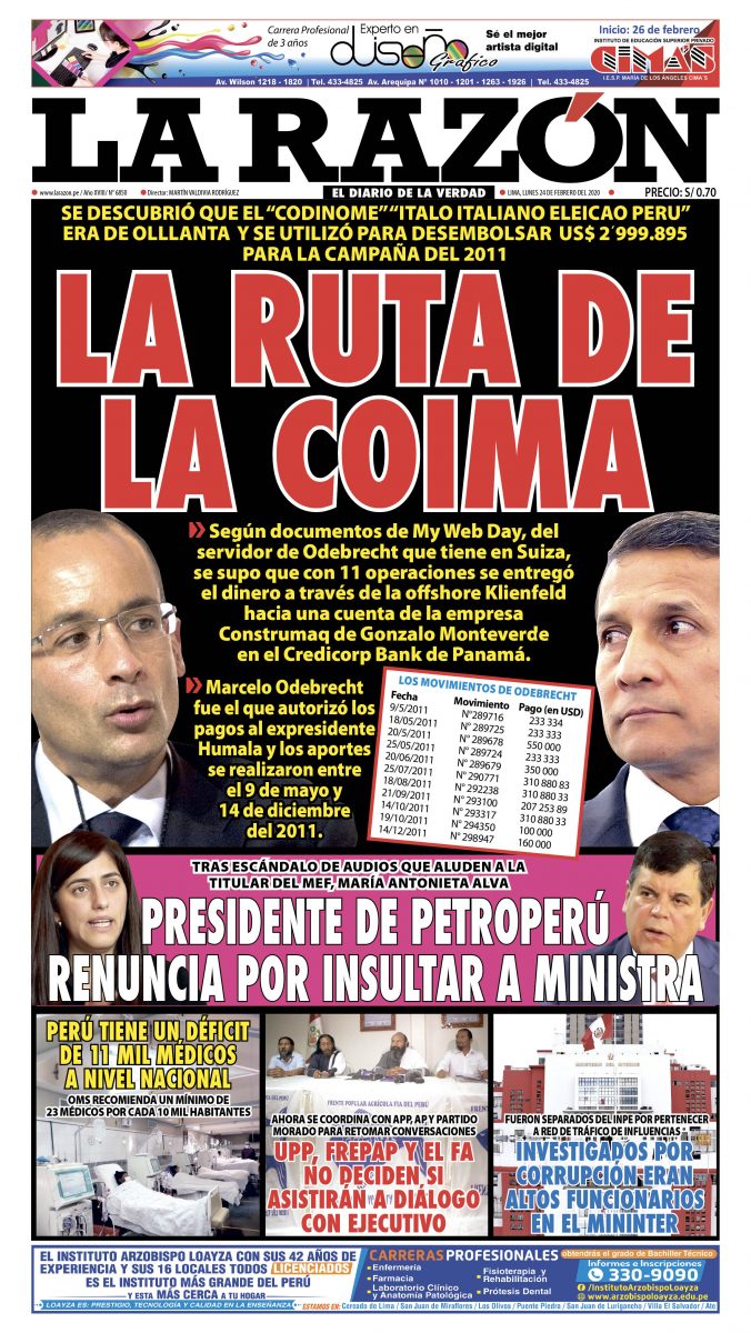 Portada impresa – Diario La Razón (24/02/2020)