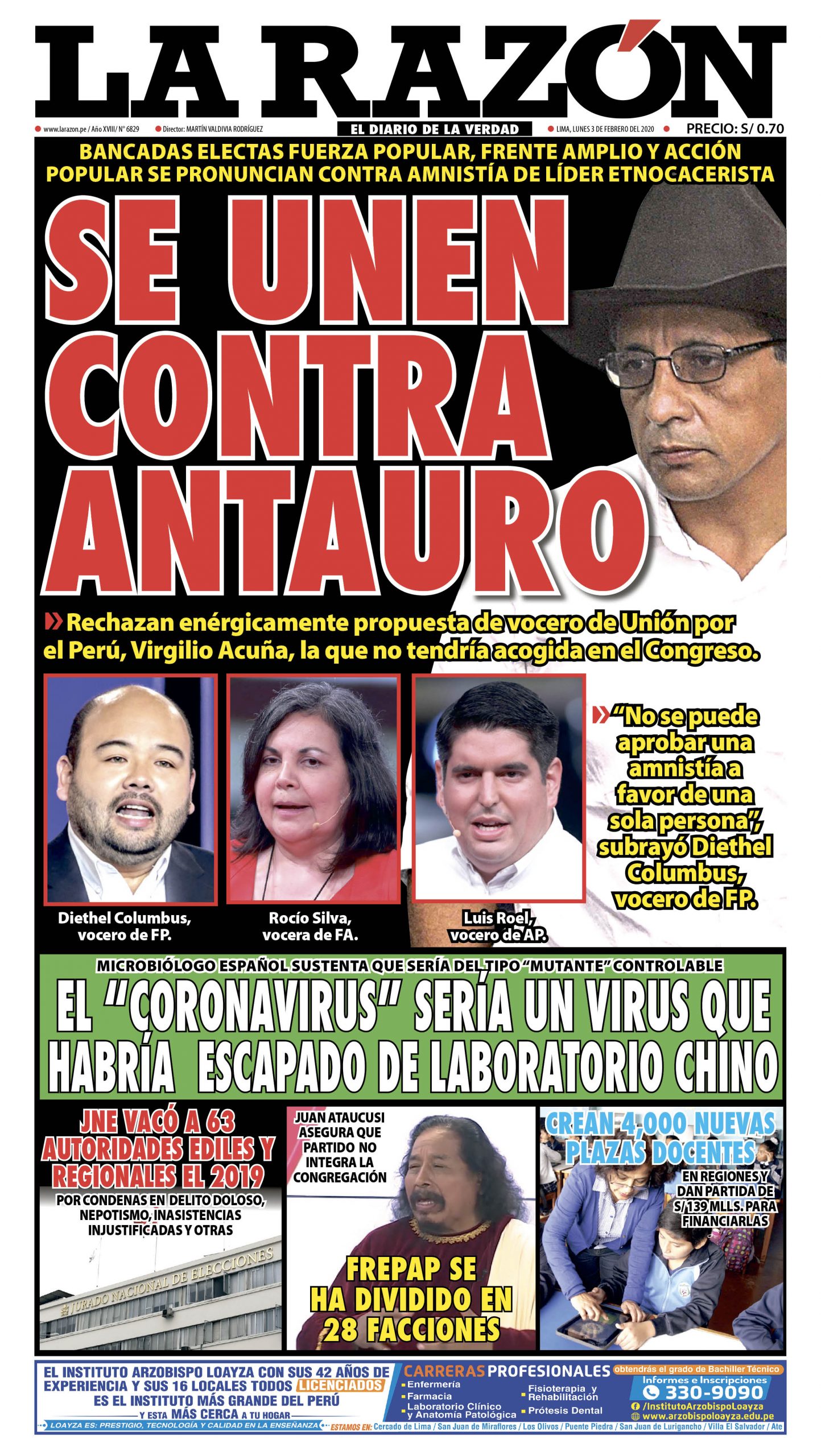 Portada impresa – Diario La Razón (03/02/2020)