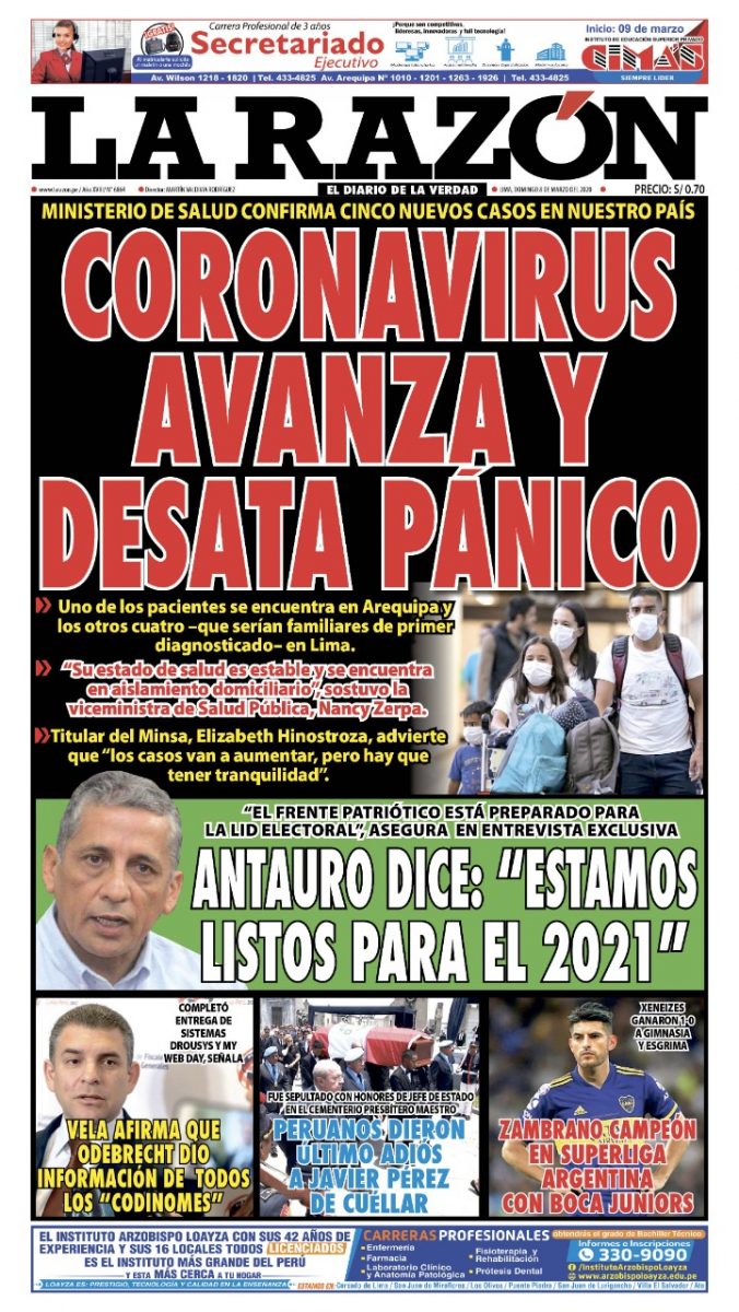 Portada impresa – Diario La Razón (08/03/2020)