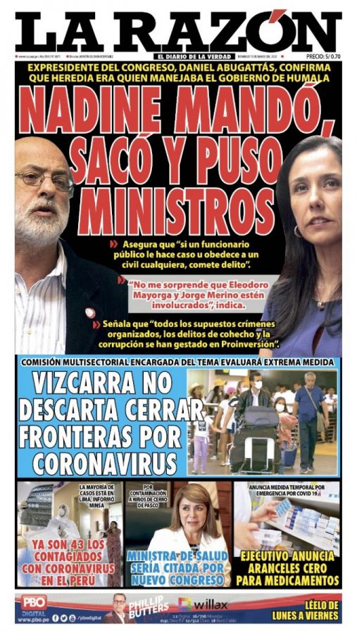 Portada impresa – Diario La Razón (15/03/2020)