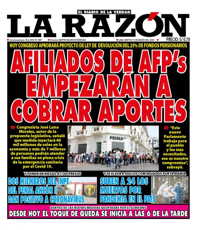 Portada impresa – Diario La Razón (31/03/2020)