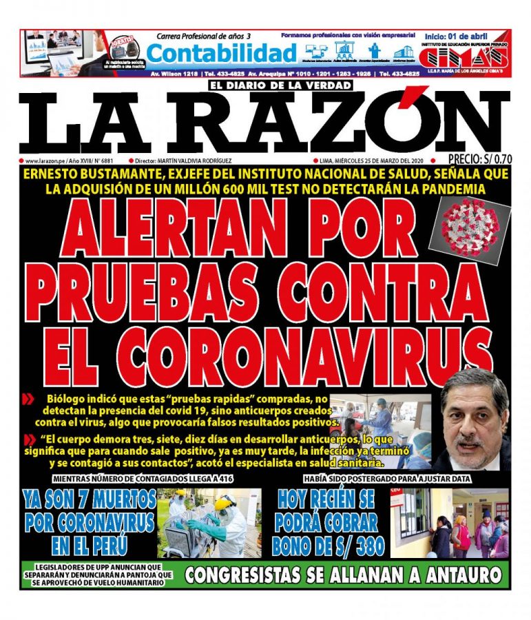 Portada impresa – Diario La Razón (25/03/2020)