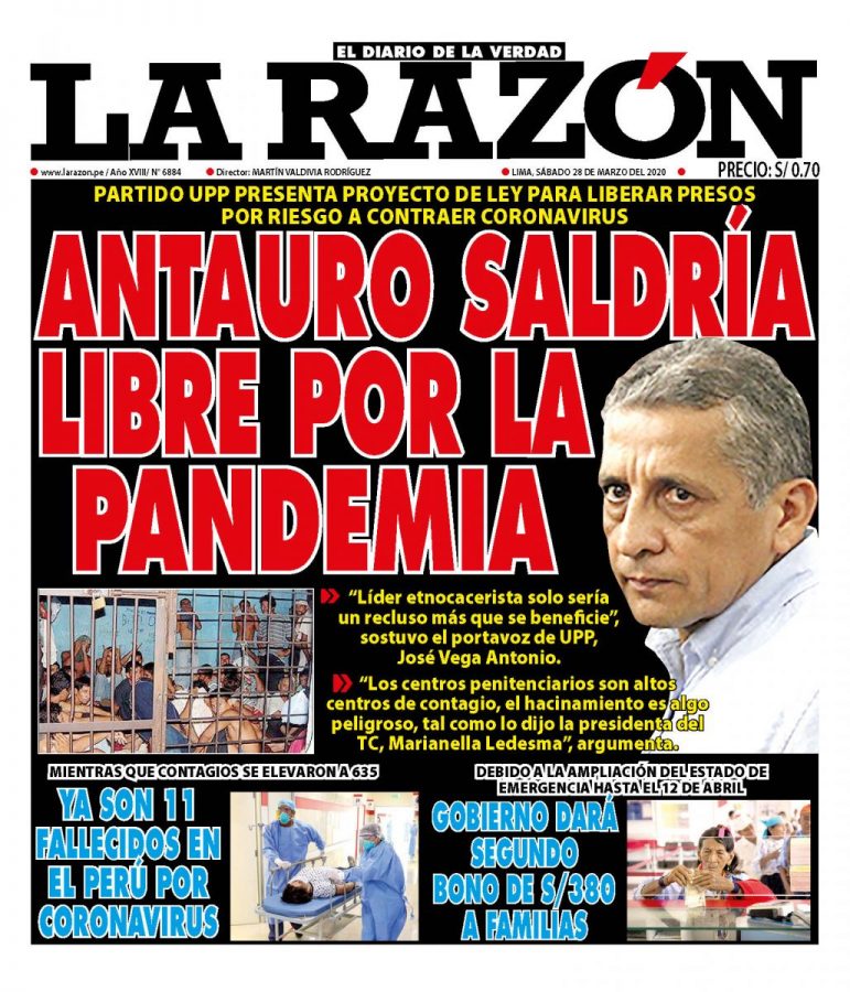 Portada impresa – Diario La Razón (28/03/2020)