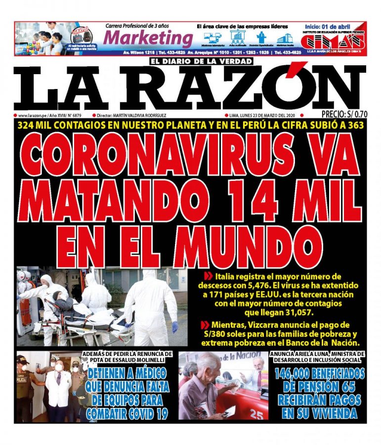Portada impresa – Diario La Razón (23/03/2020)