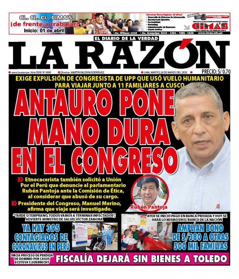 Portada impresa – Diario La Razón (24/03/2020)