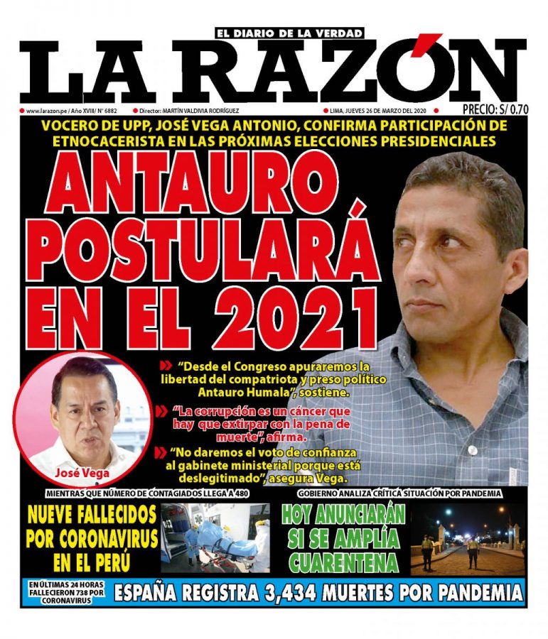 Portada impresa – Diario La Razón (26/03/2020)