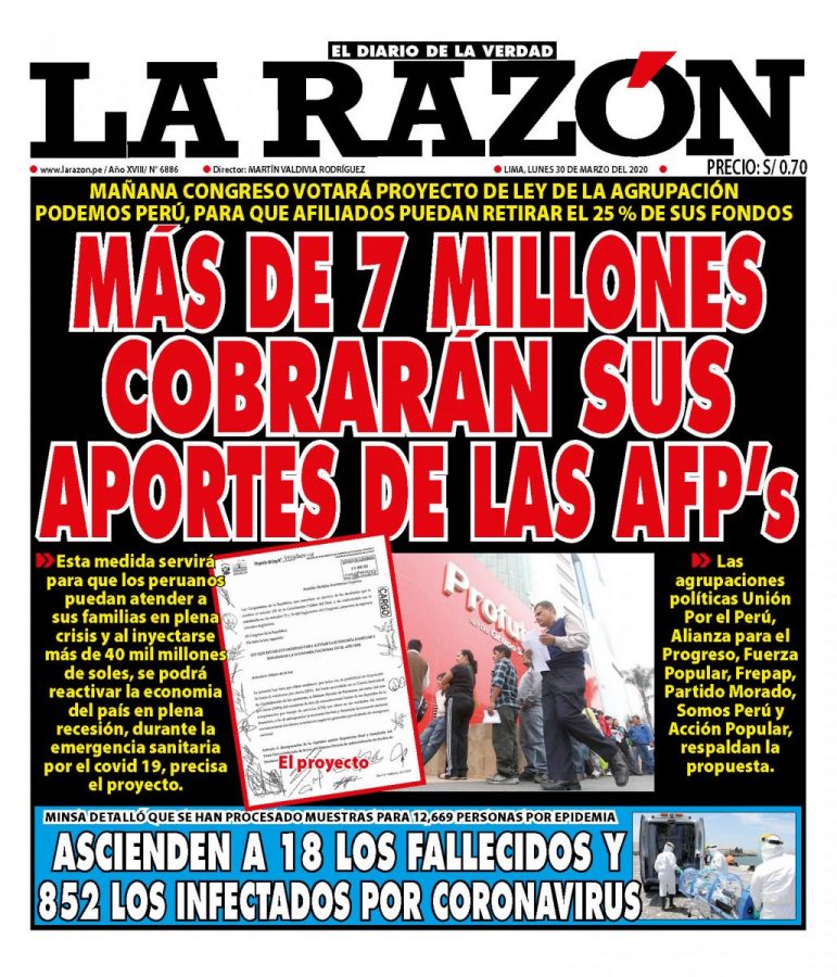 Portada impresa – Diario La Razón (30/03/2020)