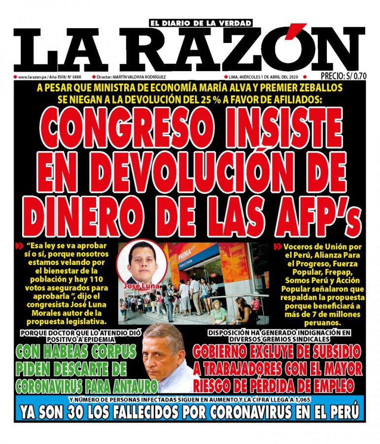 Portada impresa – Diario La Razón (01/04/2020)