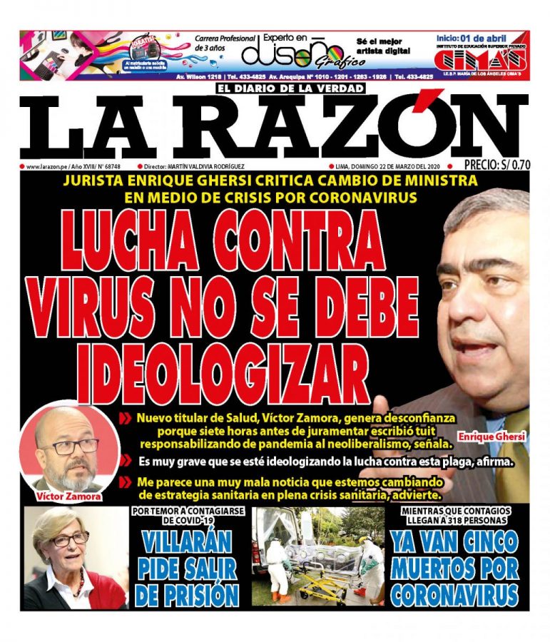 Portada impresa – Diario La Razón (22/03/2020)