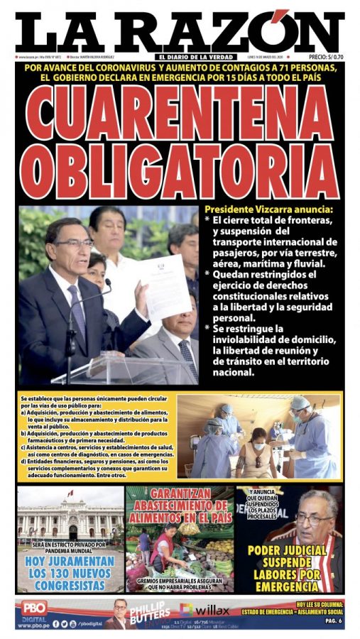 Portada impresa – Diario La Razón (16/03/2020)