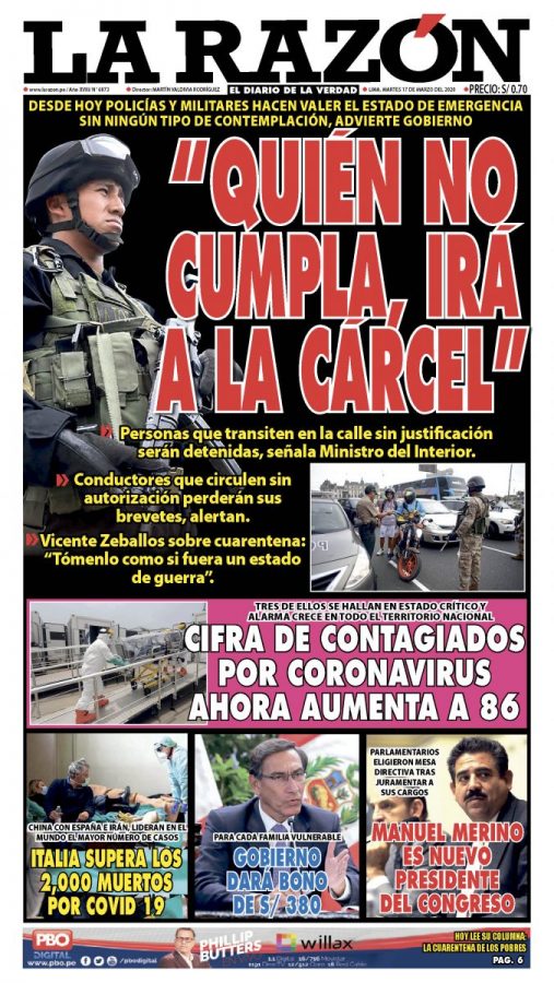 Portada impresa – Diario La Razón (17/03/2020)