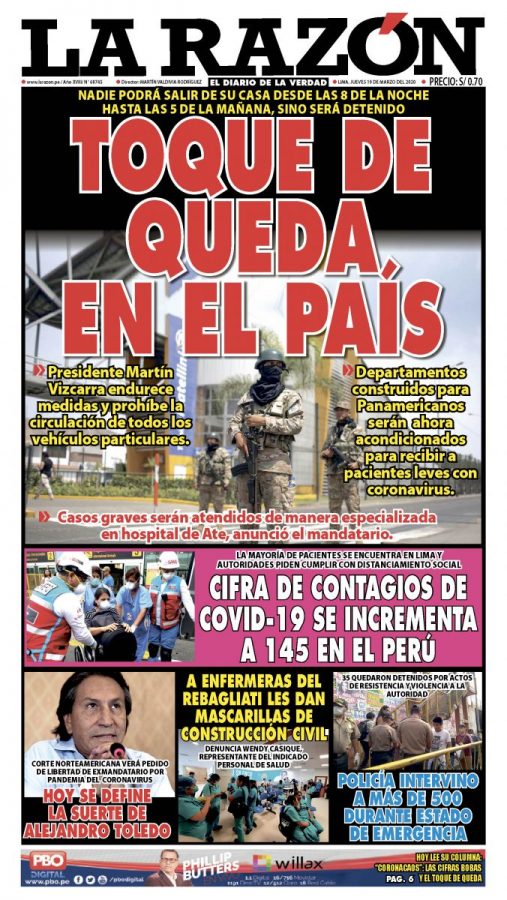 Portada impresa – Diario La Razón (19/03/2020)