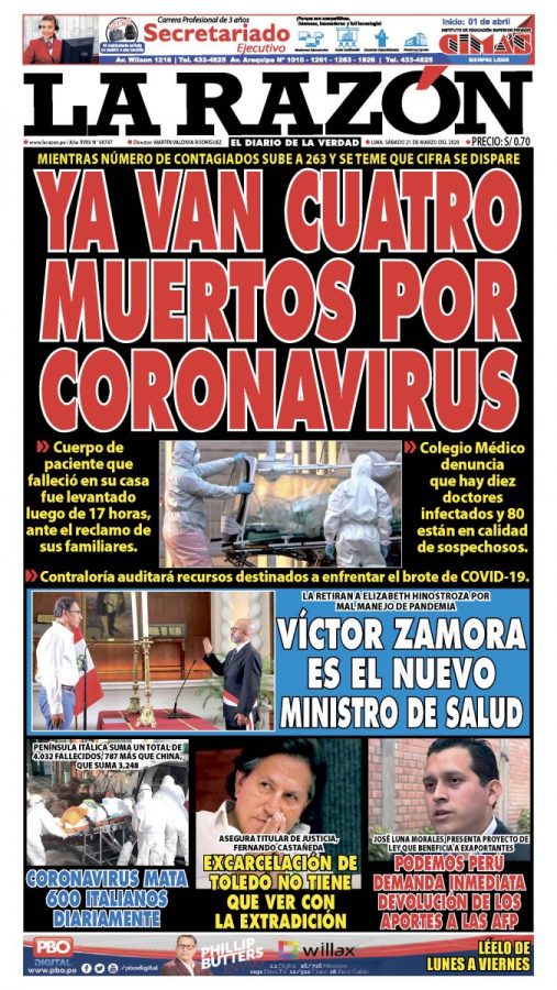 Portada impresa – Diario La Razón (21/03/2020)