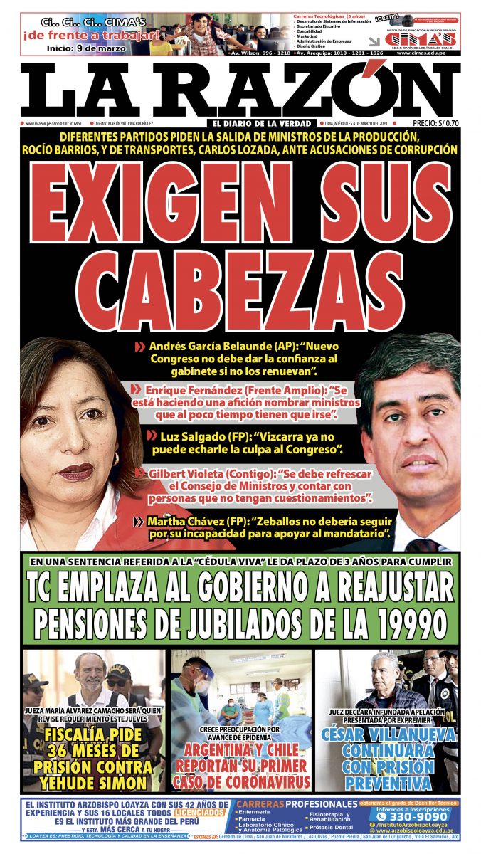 Portada impresa – Diario La Razón (04/03/2020)