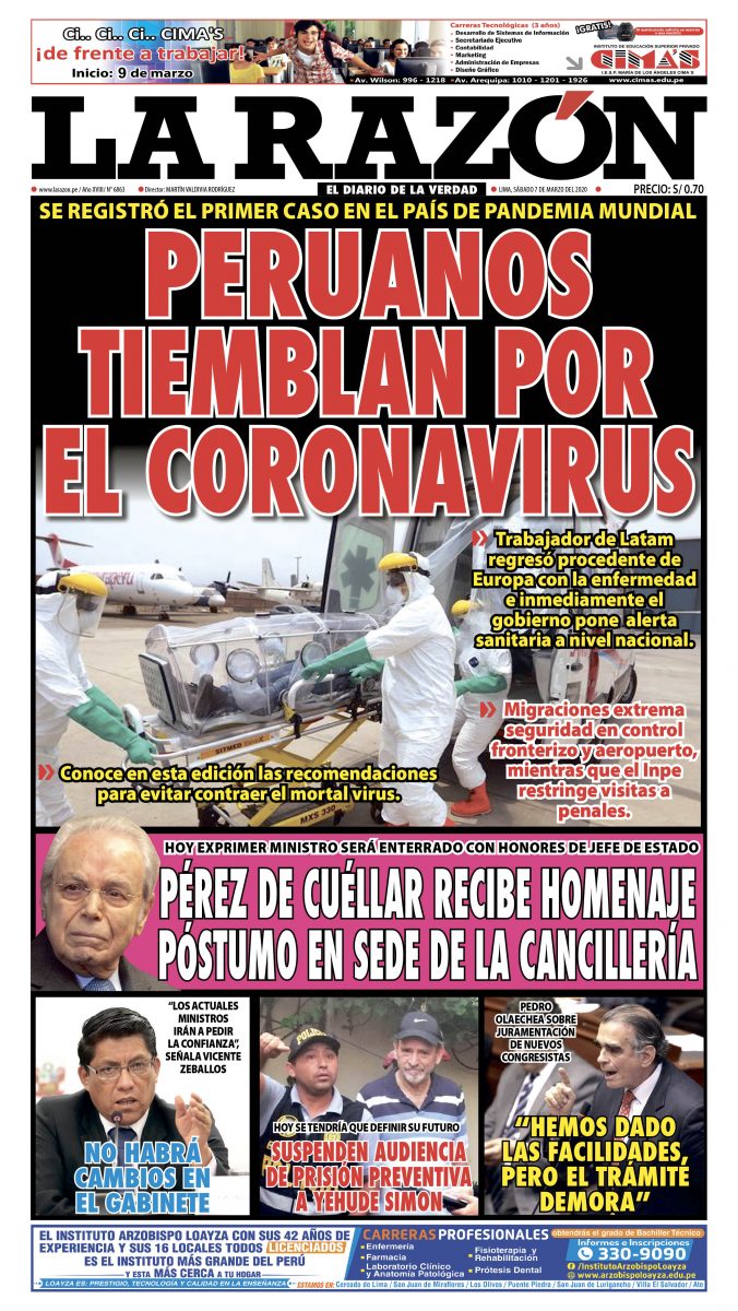 Portada impresa – Diario La Razón (07/03/2020)