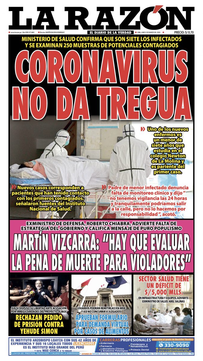 Portada impresa – Diario La Razón (09/03/2020)