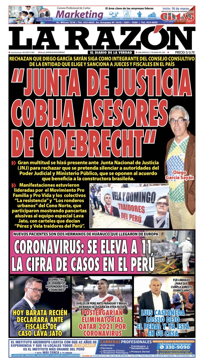 Portada impresa – Diario La Razón (11/03/2020)