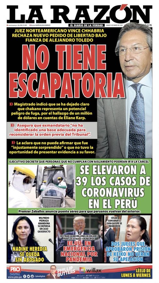 Portada impresa – Diario La Razón (14/03/2020)