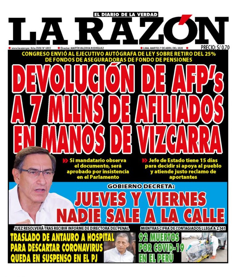 Portada impresa – Diario La Razón (07/04/2020)
