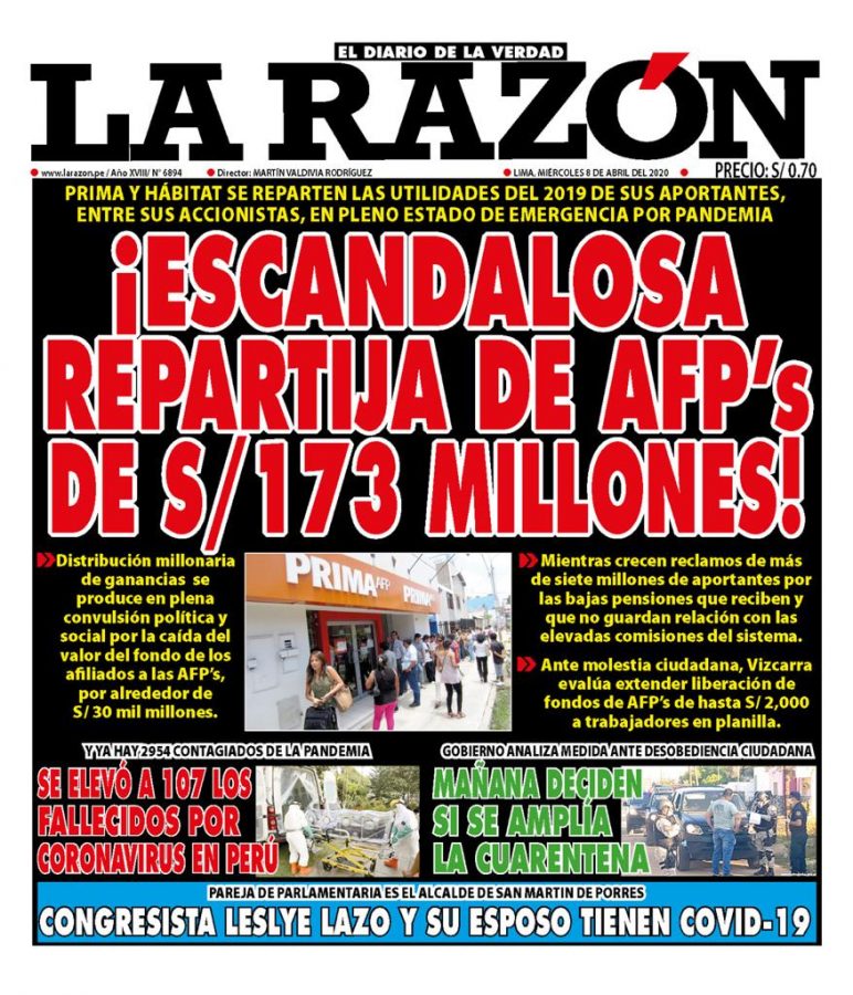 Portada impresa – Diario La Razón (08/04/2020)