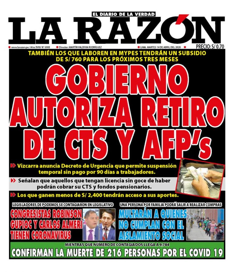 Portada impresa – Diario La Razón (14/04/2020)