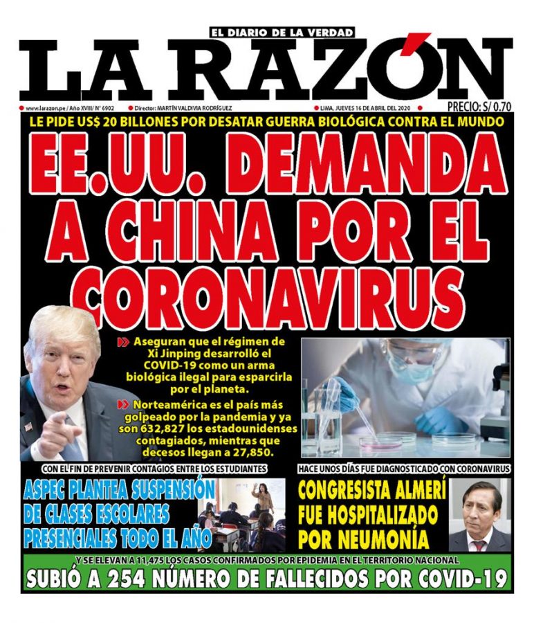 Portada impresa – Diario La Razón (16/04/2020)