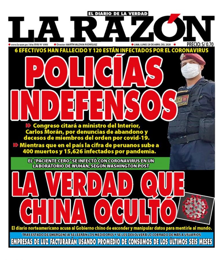 Portada impresa – Diario La Razón (20/04/2020)
