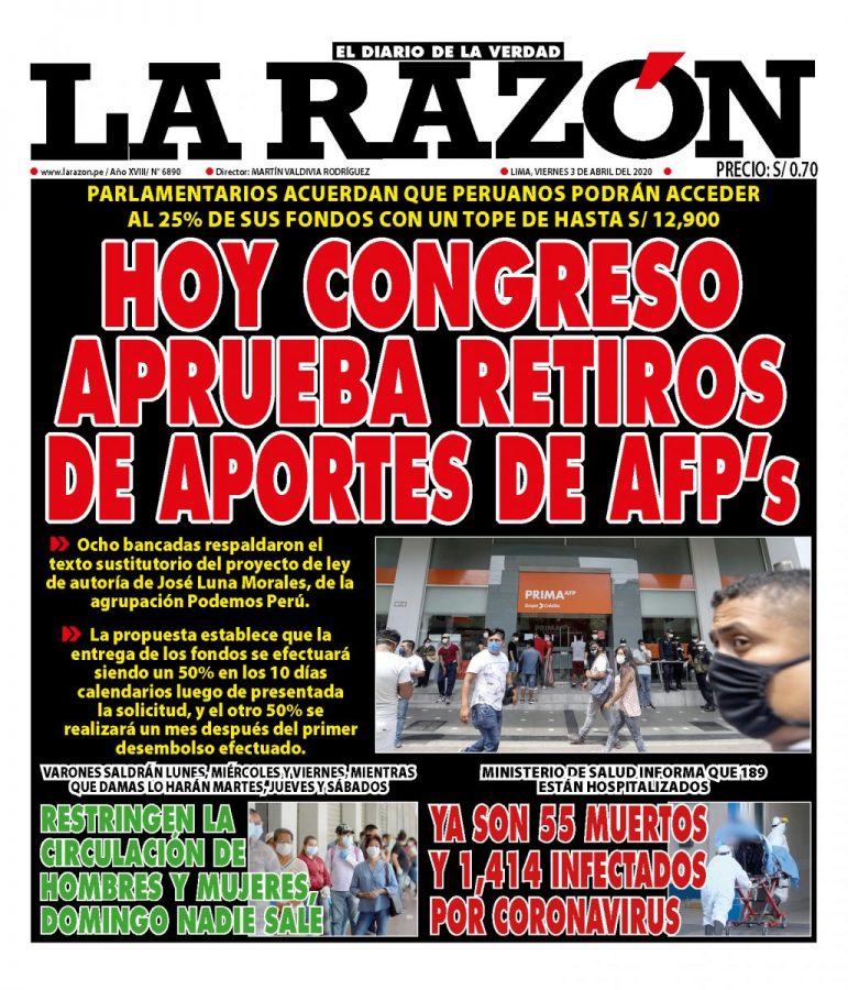 Portada impresa – Diario La Razón (03/04/2020)
