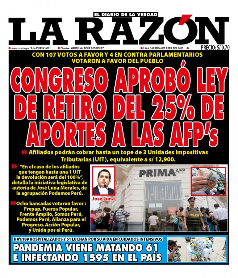 Portada impresa – Diario La Razón (04/04/2020)