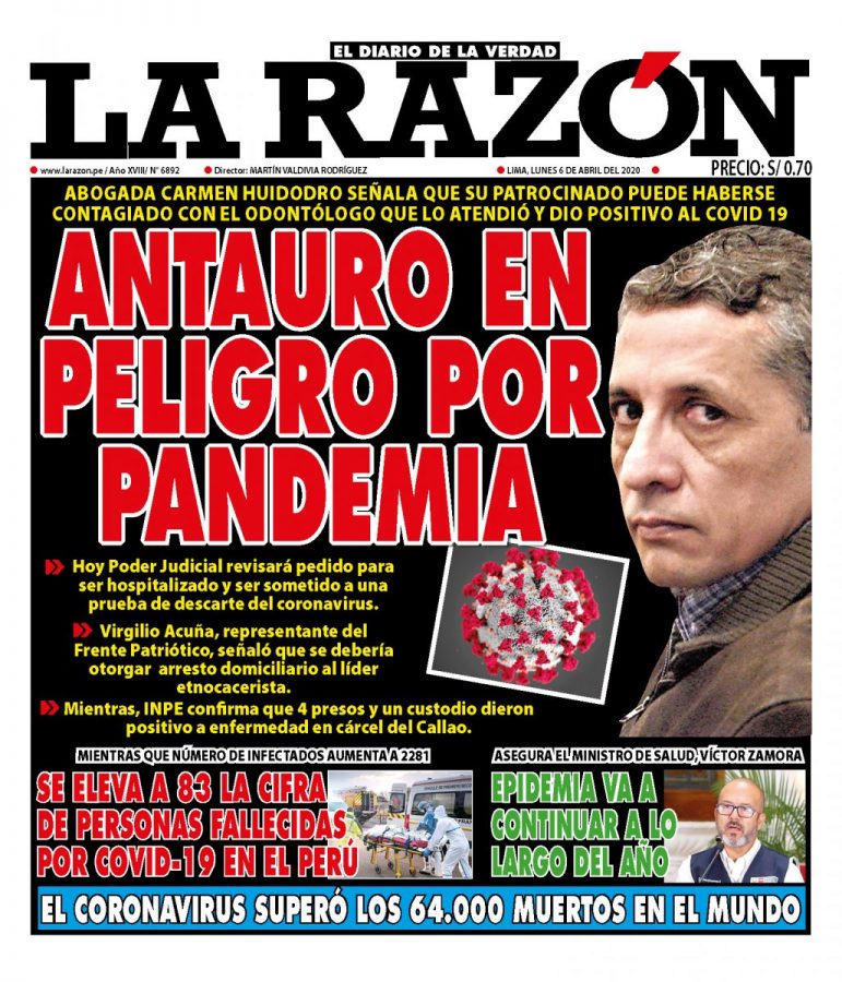Portada impresa – Diario La Razón (06/04/2020)