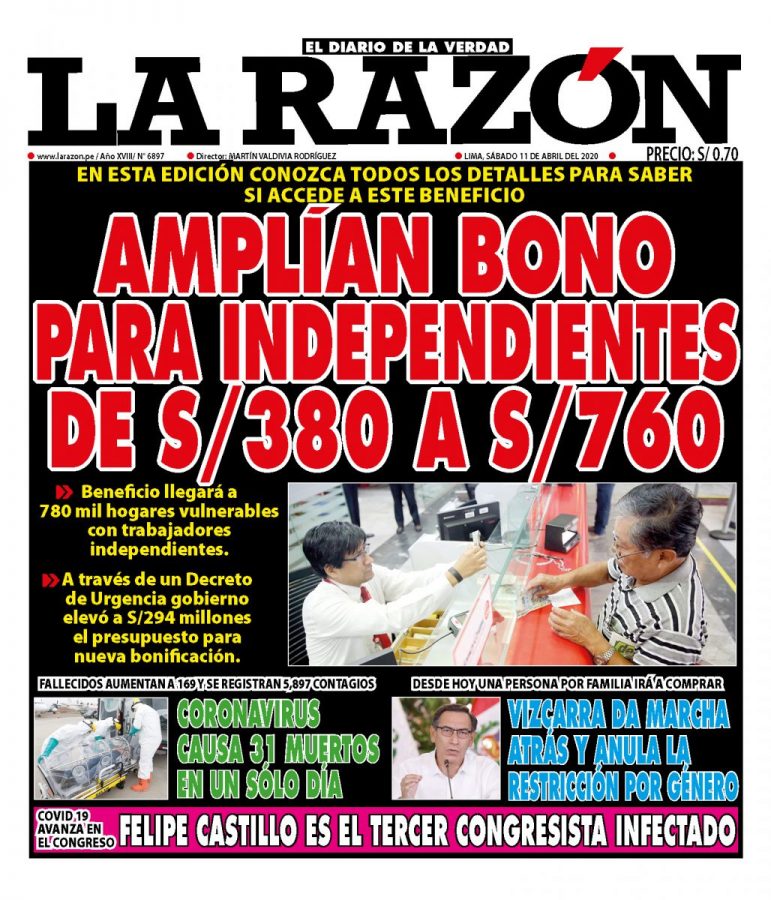 Portada impresa – Diario La Razón (11/04/2020)