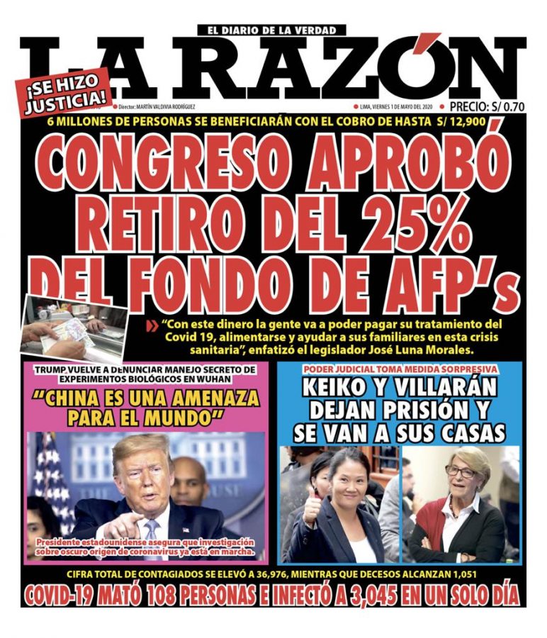 Portada impresa – Diario La Razón (01/05/2020)