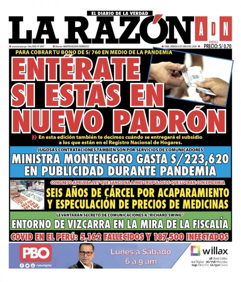 Portada impresa – Diario La Razón (06/06/2020)