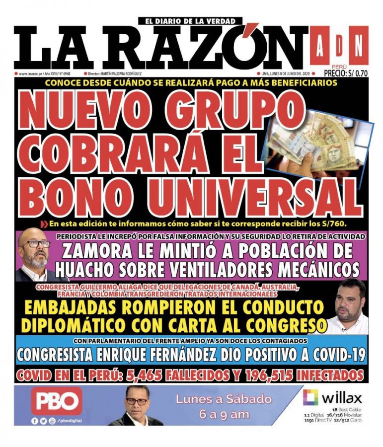 Portada impresa – Diario La Razón (08/06/2020)