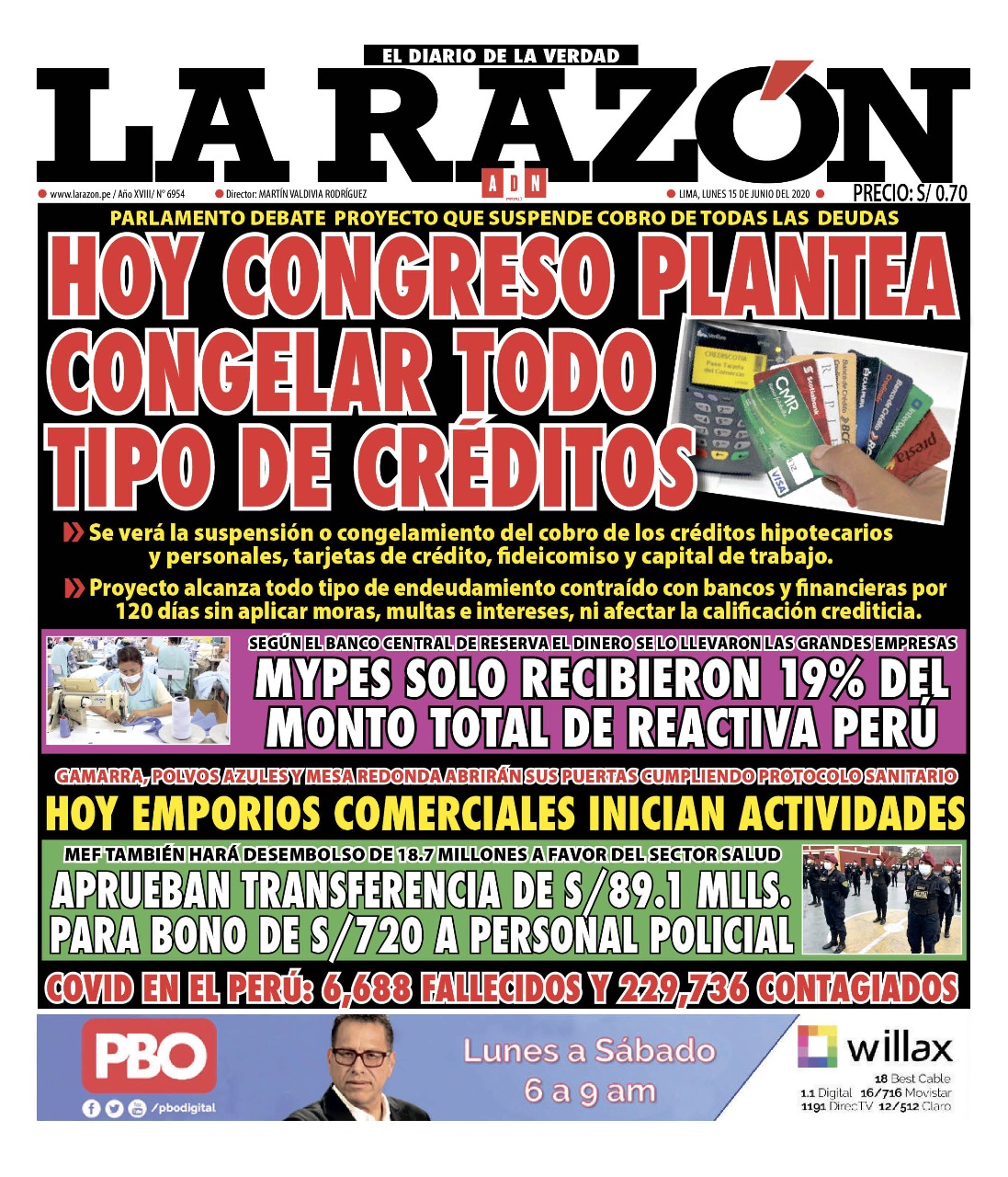 Portada impresa – Diario La Razón (15/06/2020)