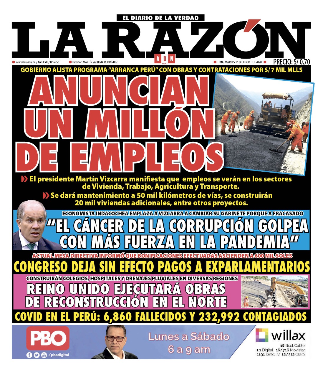 Portada impresa – Diario La Razón (16/06/2020)