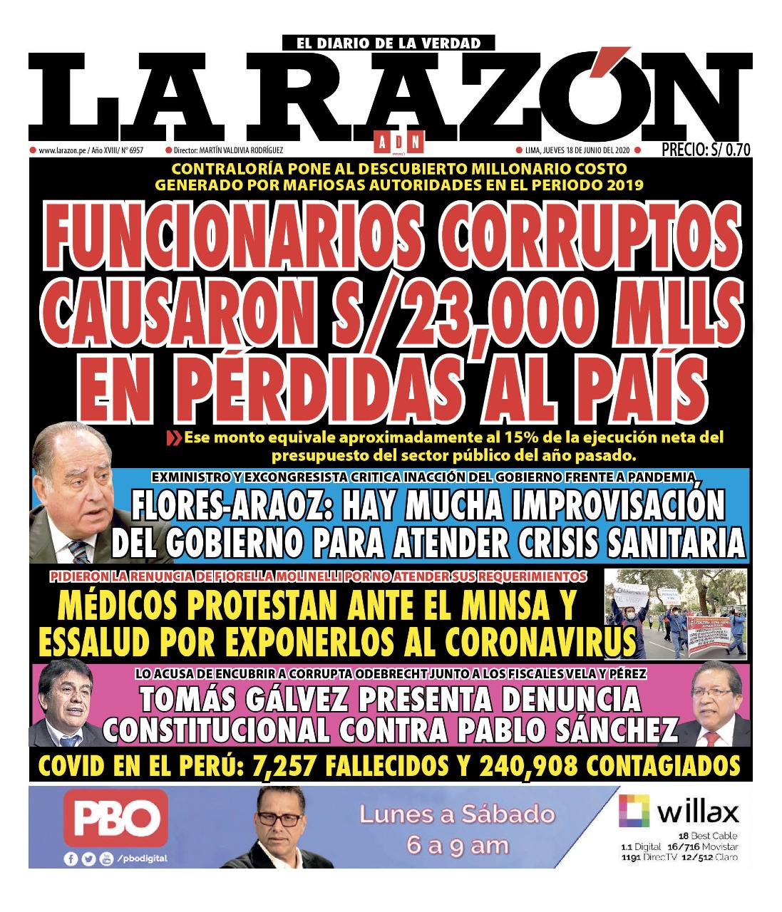 Portada impresa – Diario La Razón (18/06/2020)