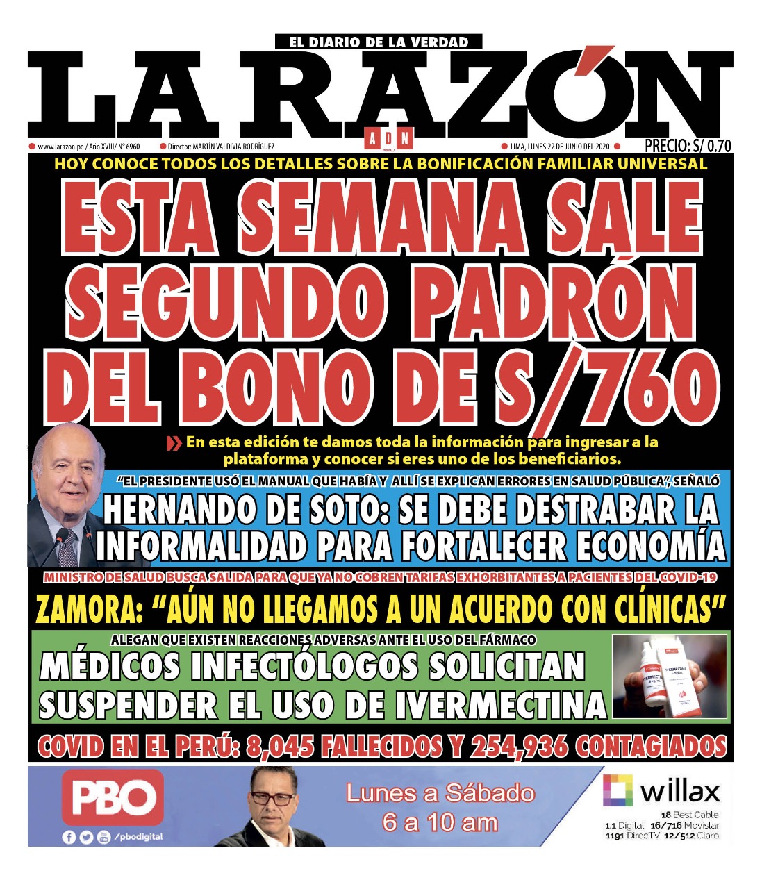 Portada impresa – Diario La Razón (22/06/2020)