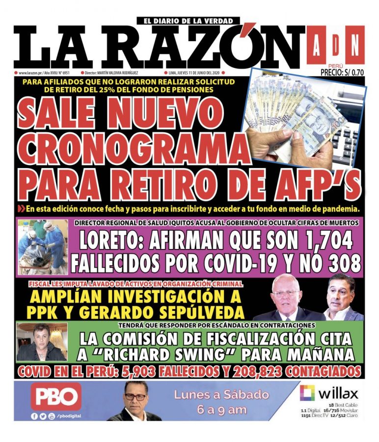 Portada impresa – Diario La Razón (11/06/2020)