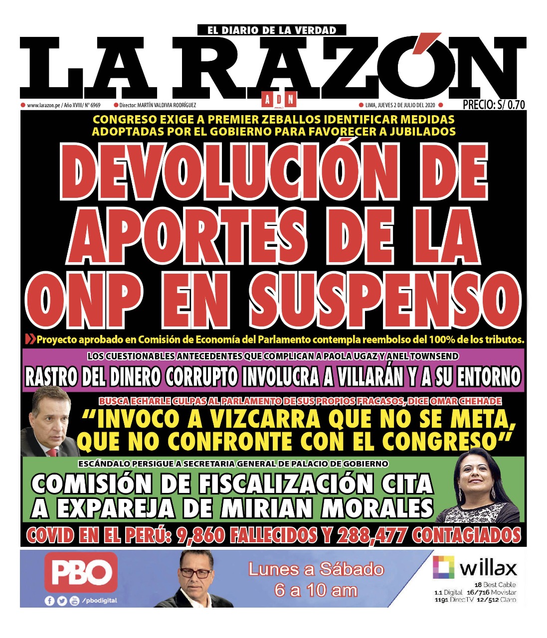Portada impresa – Diario La Razón (02/07/2020)