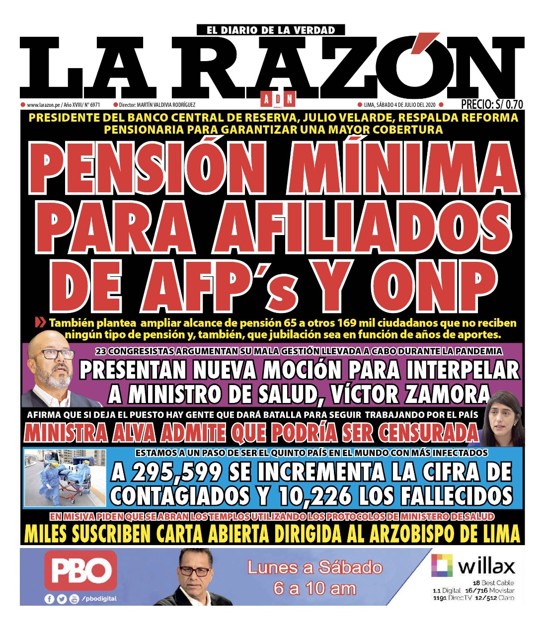 Portada impresa – Diario La Razón (04/07/2020)