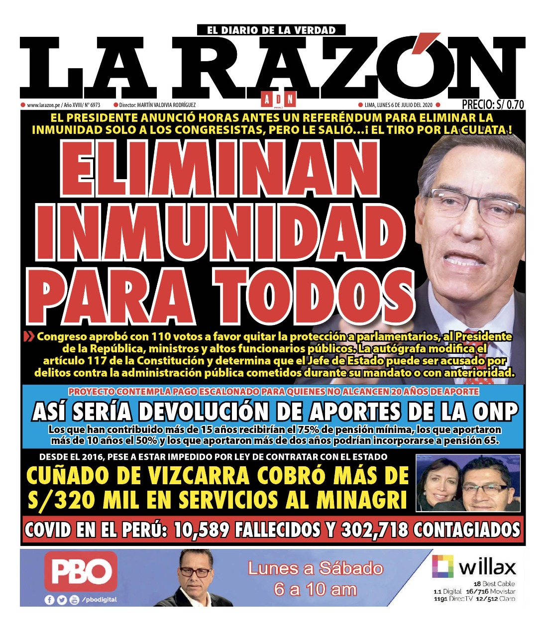 Portada impresa – Diario La Razón (06/07/2020)