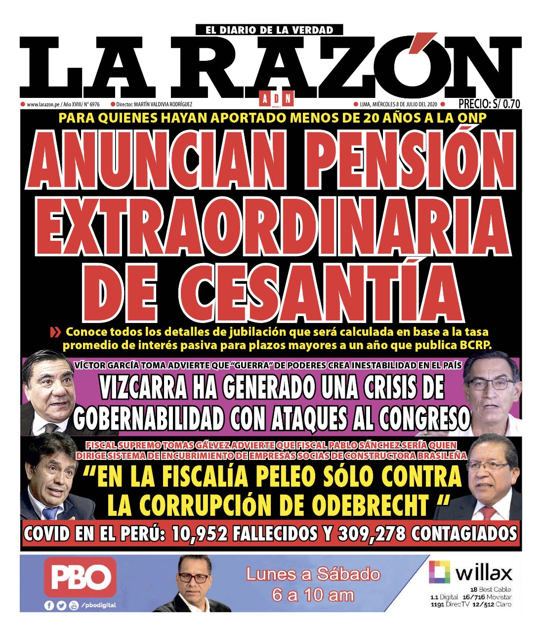 Portada impresa – Diario La Razón (08/07/2020)