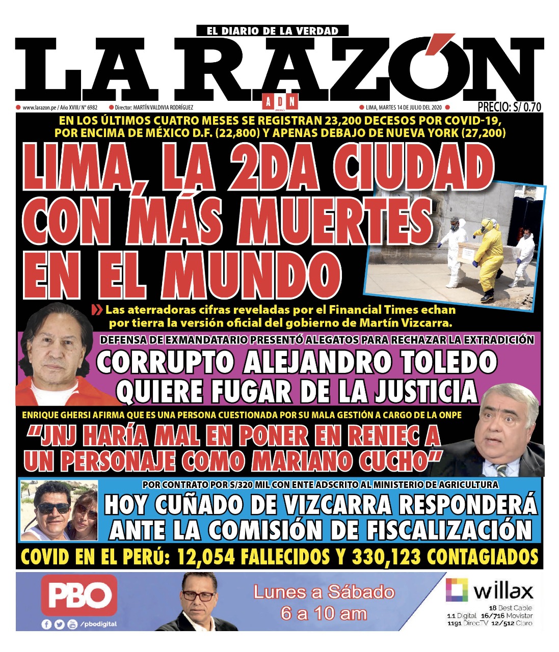 Portada impresa – Diario La Razón (14/07/2020)
