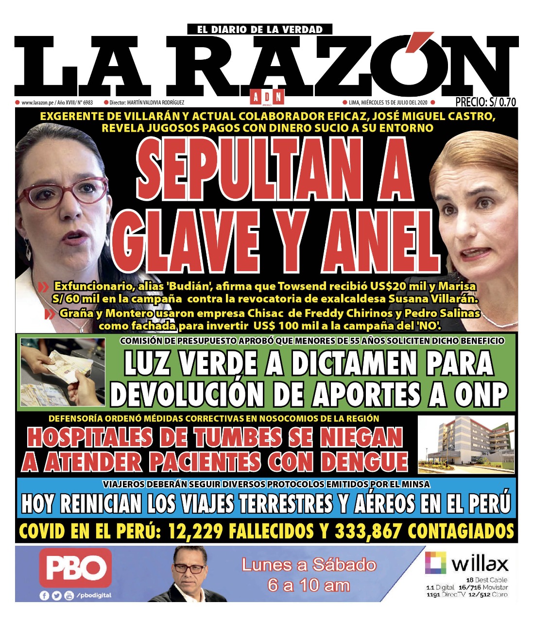 Portada impresa – Diario La Razón (15/07/2020)