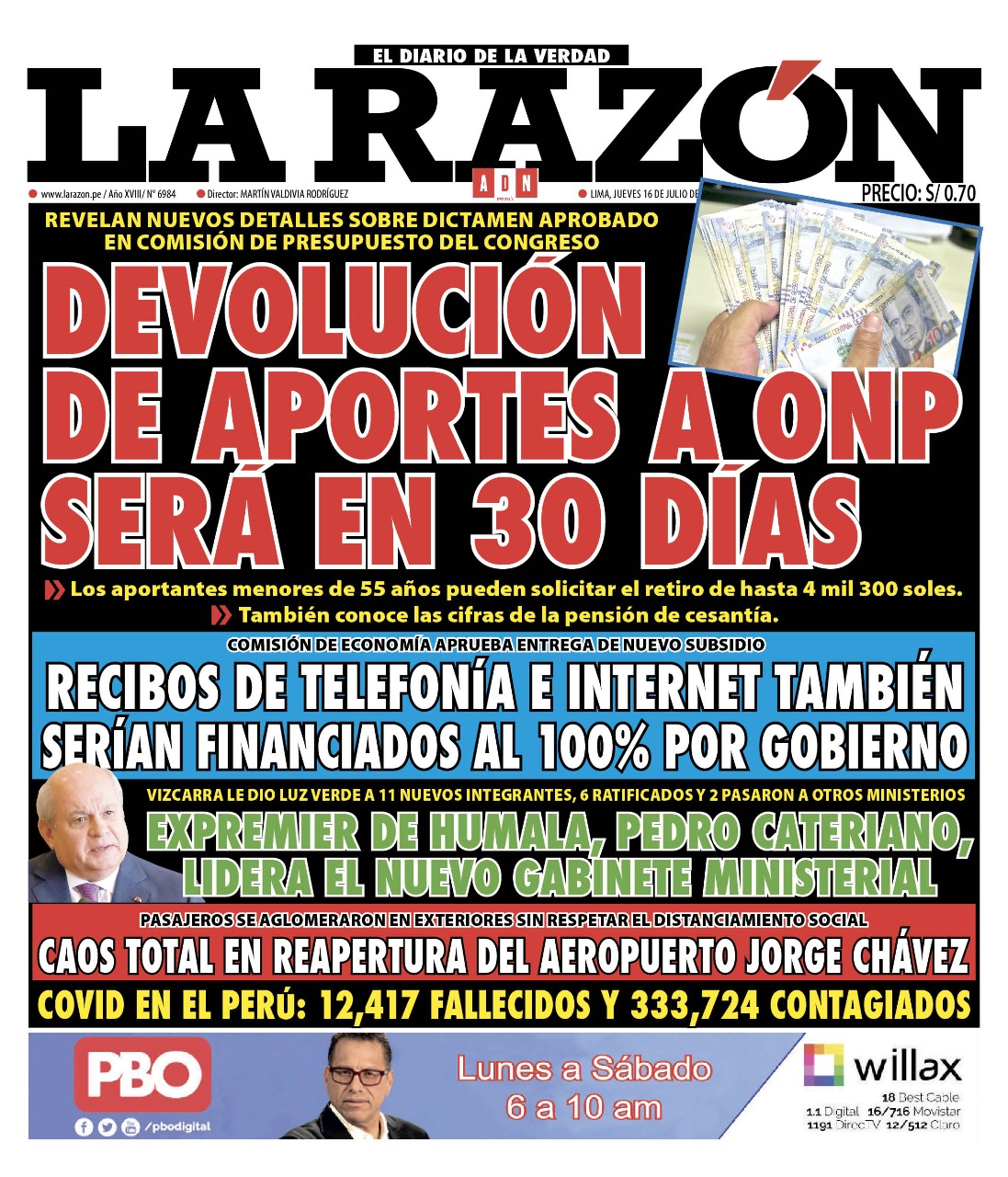 Portada impresa – Diario La Razón (16/07/2020)