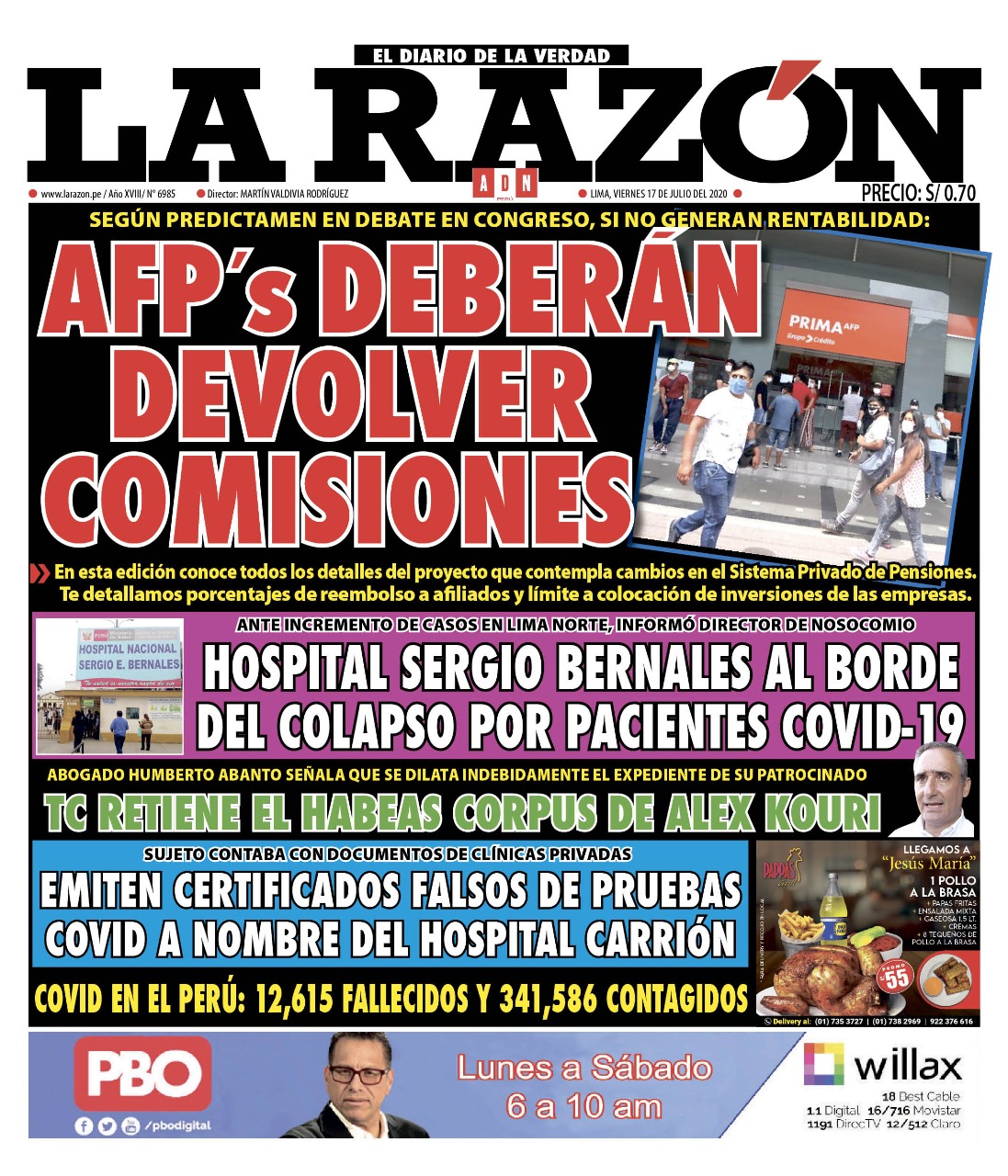 Portada impresa – Diario La Razón (17/07/2020)