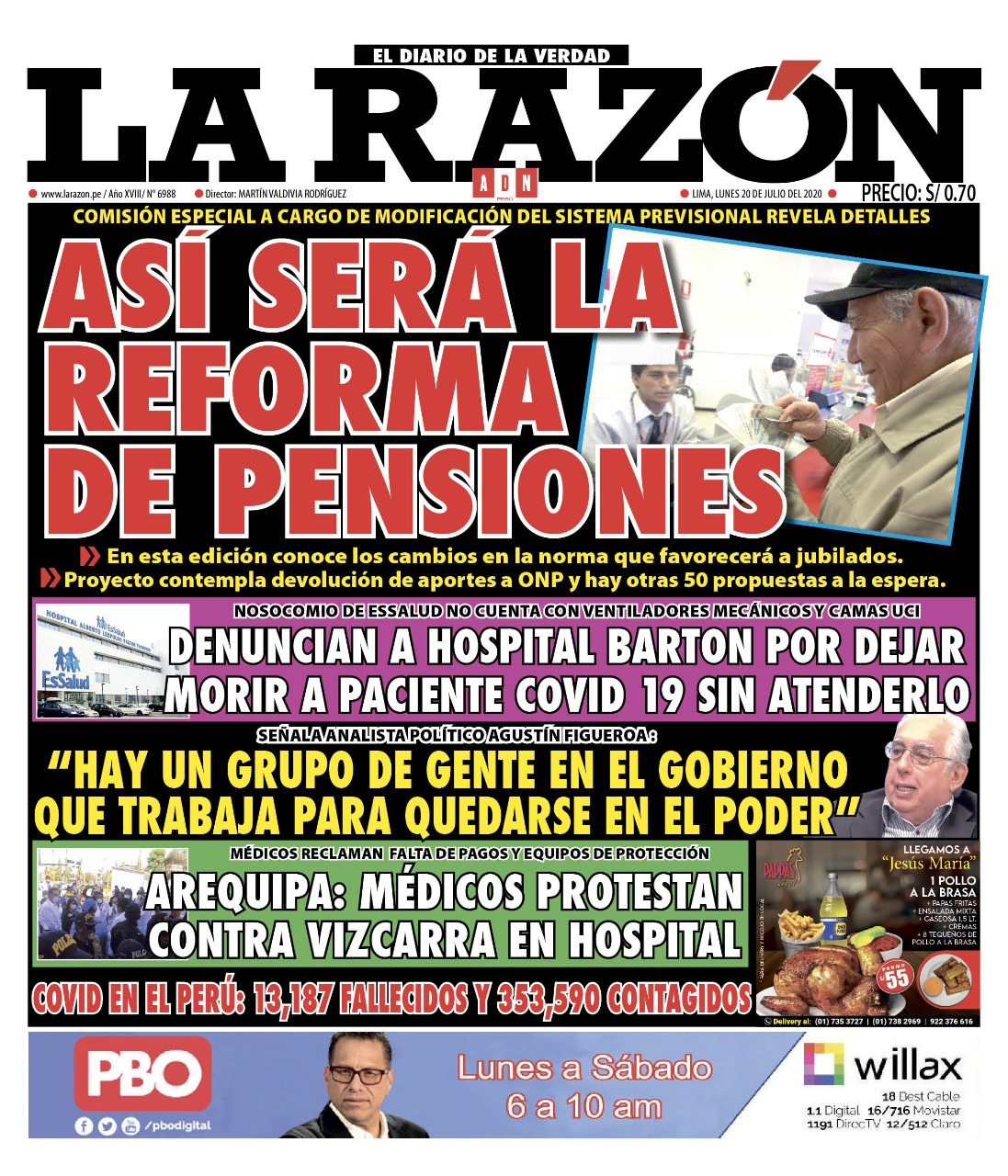 Portada impresa – Diario La Razón (20/07/2020)