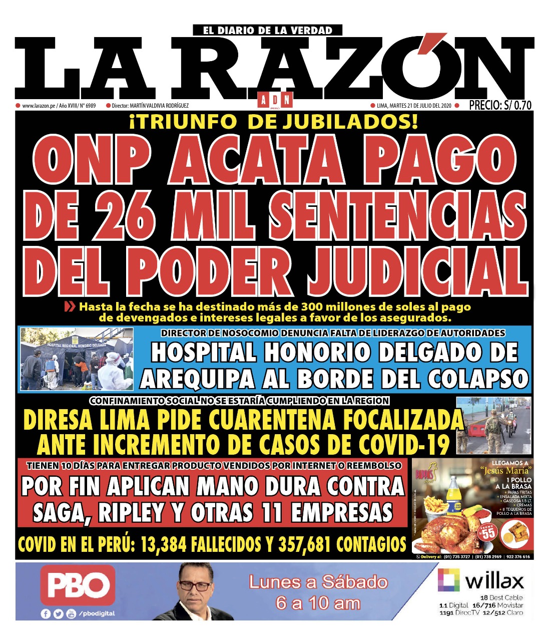 Portada impresa – Diario La Razón (21/07/2020)